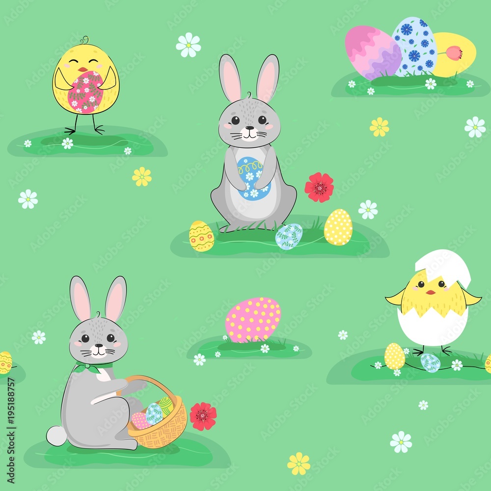 Seamless Easter rabbits, chickens and eggs pattern, background. Vector illustration. Seamless Easter rabbits, chickens and eggs pattern, background. Vector illustration.