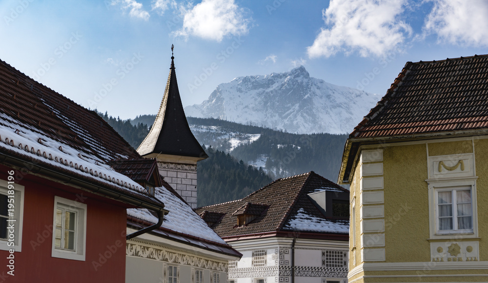 The roofs of Eisenerz old town with mountains in the background