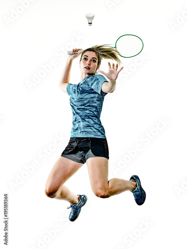 one caucasian young teenager girl woman playing  Badminton player isolated on white background © snaptitude