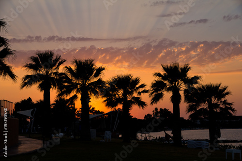 Most magnificent sunset over popular seaside holiday resort - Didim that is located on the Aegean coast of western Turkey