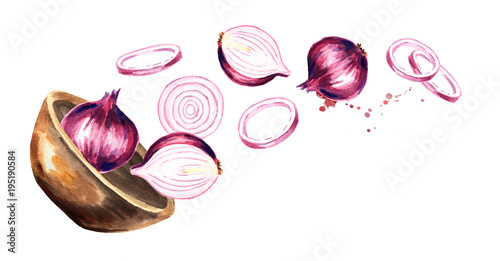 Bowl with onion. Hand drawn horizontal watercolor illustration, isolated on white background