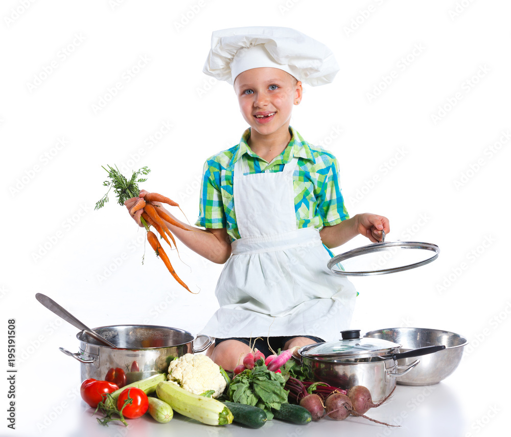 Little Girl Chef cook with fresh vegetables Little Girl Chef cook with fresh vegetables