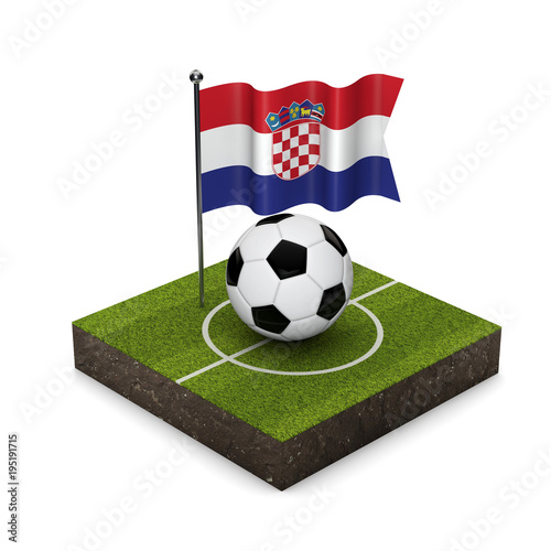 Croatia flag football concept. Flag  ball and soccer pitch isometric icon. 3D Rendering