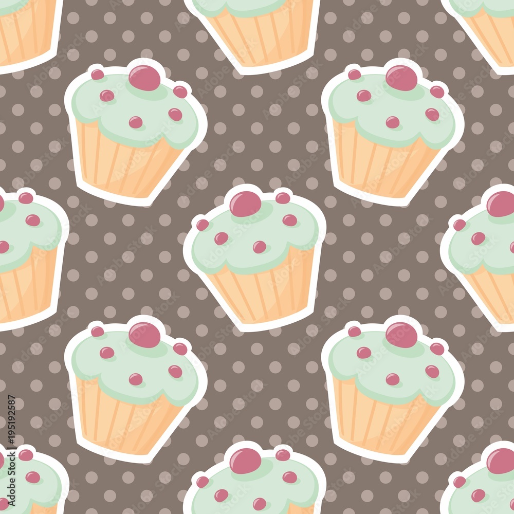 Tile vector pattern with cupcakes and polka dots on brown background Tile vector pattern with cupcakes and polka dots on brown background