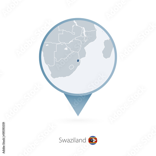 Map pin with detailed map of Swaziland and neighboring countries.