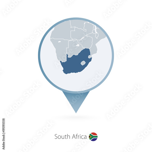 Map pin with detailed map of South Africa and neighboring countries.
