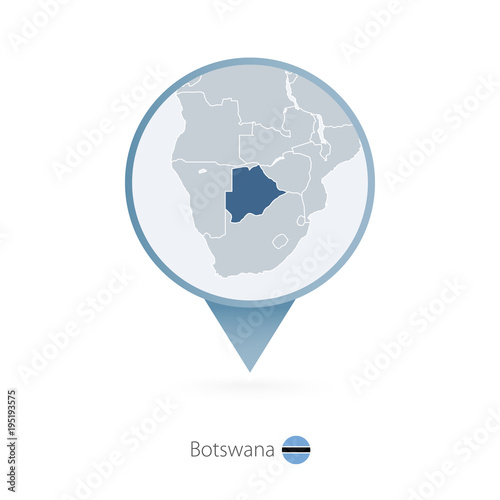 Map pin with detailed map of Botswana and neighboring countries.