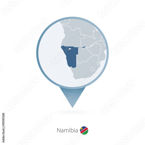 Map pin with detailed map of Namibia and neighboring countries.