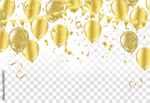 Gold balloons, confetti and streamers on white background. Vector illustration.