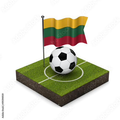 Lithuania flag football concept. Flag  ball and soccer pitch isometric icon. 3D Rendering