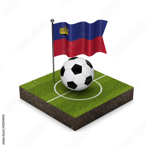 Liechtenstein flag football concept. Flag  ball and soccer pitch isometric icon. 3D Rendering