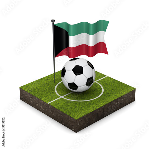 Kuwait flag football concept. Flag  ball and soccer pitch isometric icon. 3D Rendering
