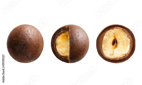 Sugared hazelnut dragees in chocolate isolated on white background