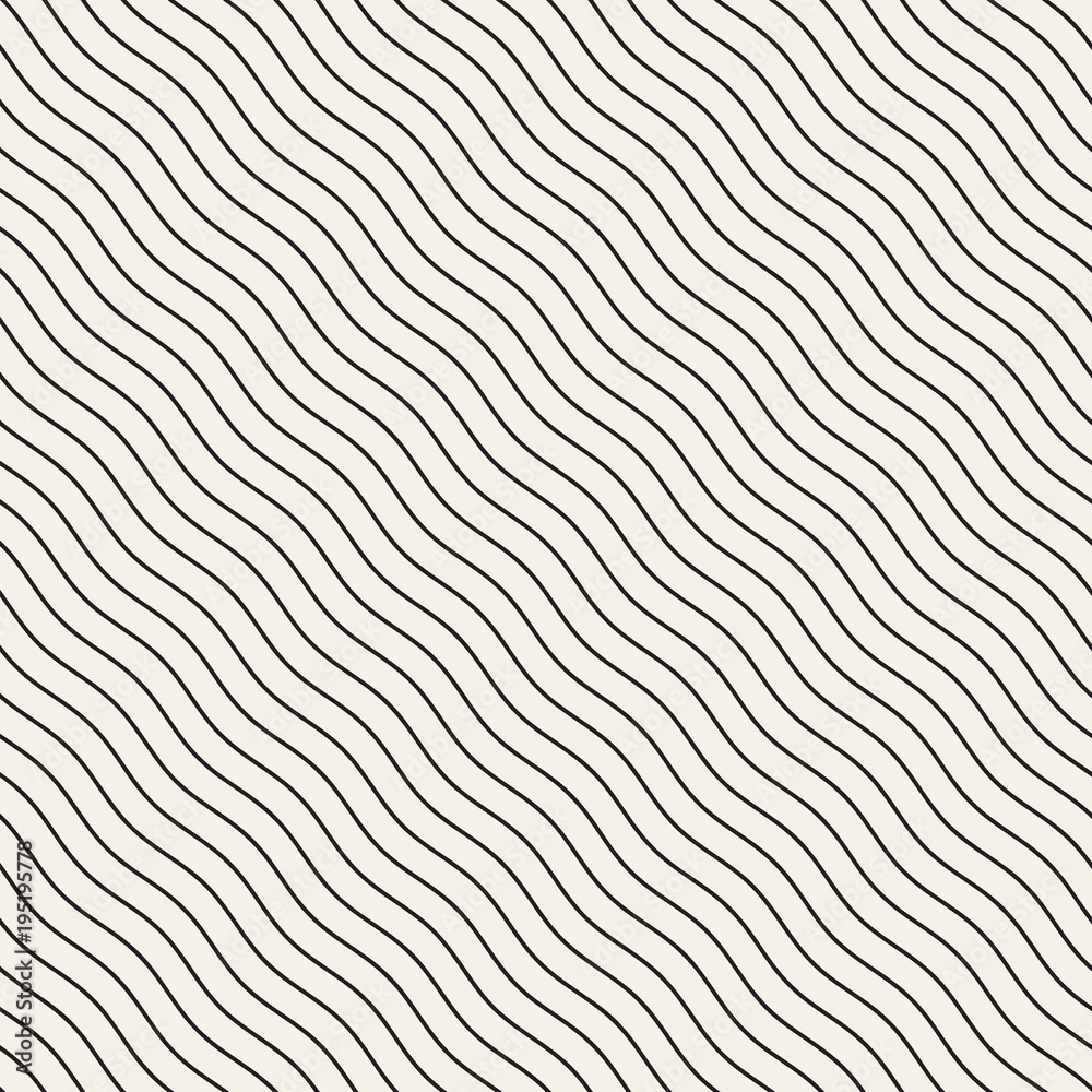 Vector Seamless Black and White Hand Drawn Wavy Lines Pattern