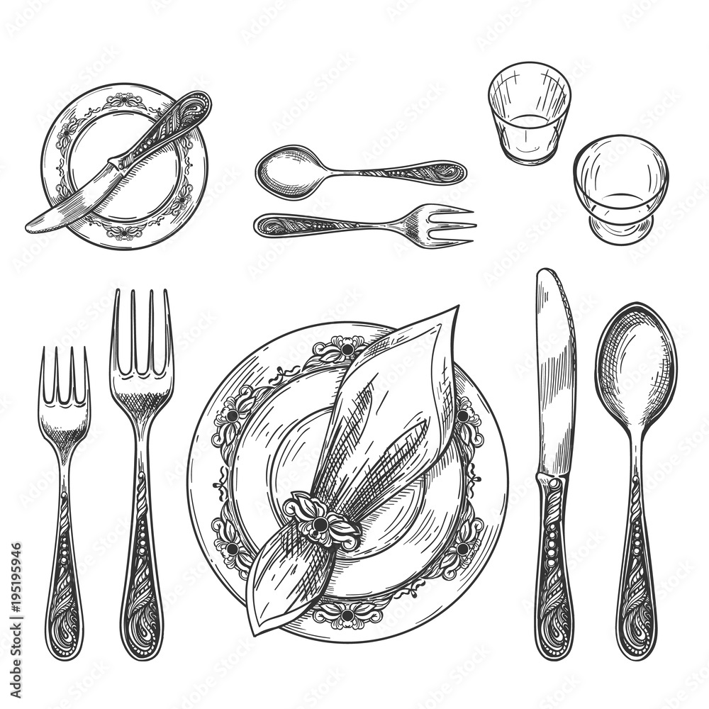 Table setting drawing. Hand drawing dinnerware with napkin in ring and