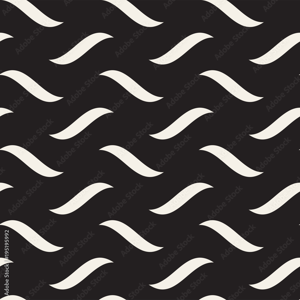 Vector Seamless Black and White Hand Drawn Wavy Lines Pattern