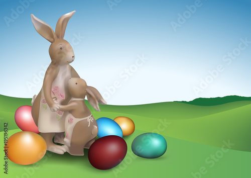 Easter Background with Two Brown Bunnies and Colorful Eggs in Spring Landscape - Colored Illustration, Vector