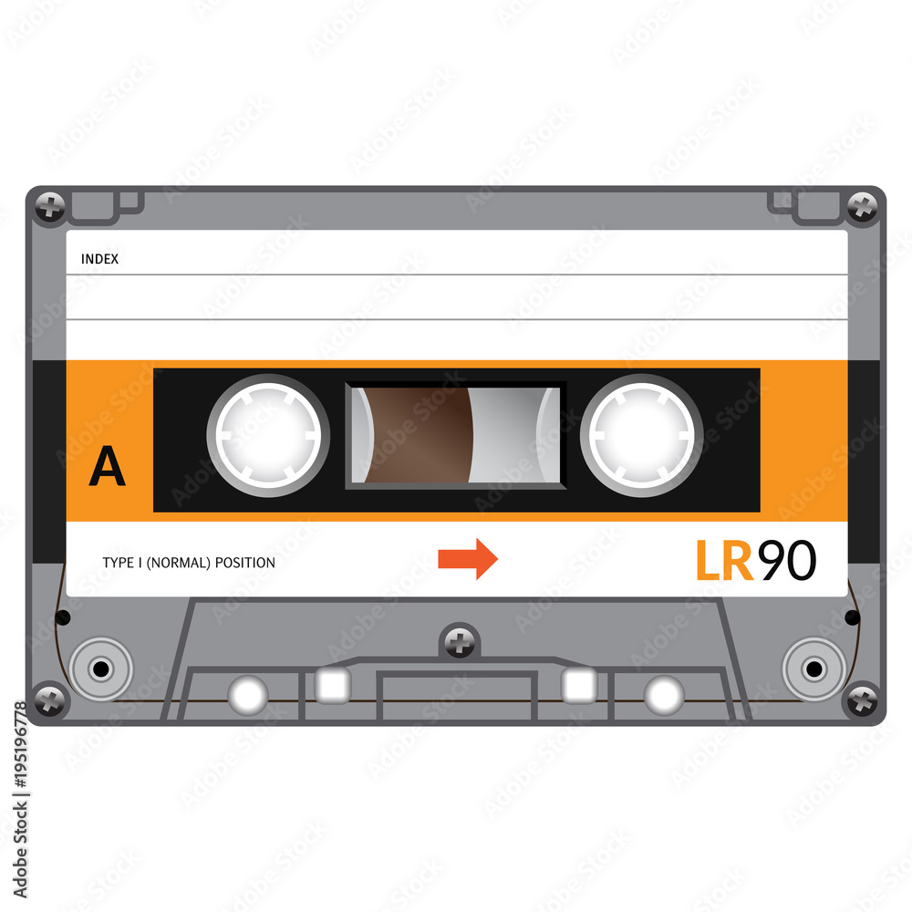 Vintage audio cassette tape design, flat illustration.