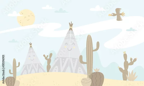 Obraz kaktusy, namioty, dziki zachód