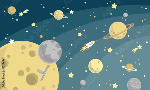 Graficzna ilustracja dla dzieci przedstawiająca kosmos. Planety, gwiazdy i rakiety.