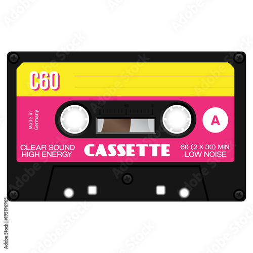 Vintage technology audio cassette tape isolated on white background.