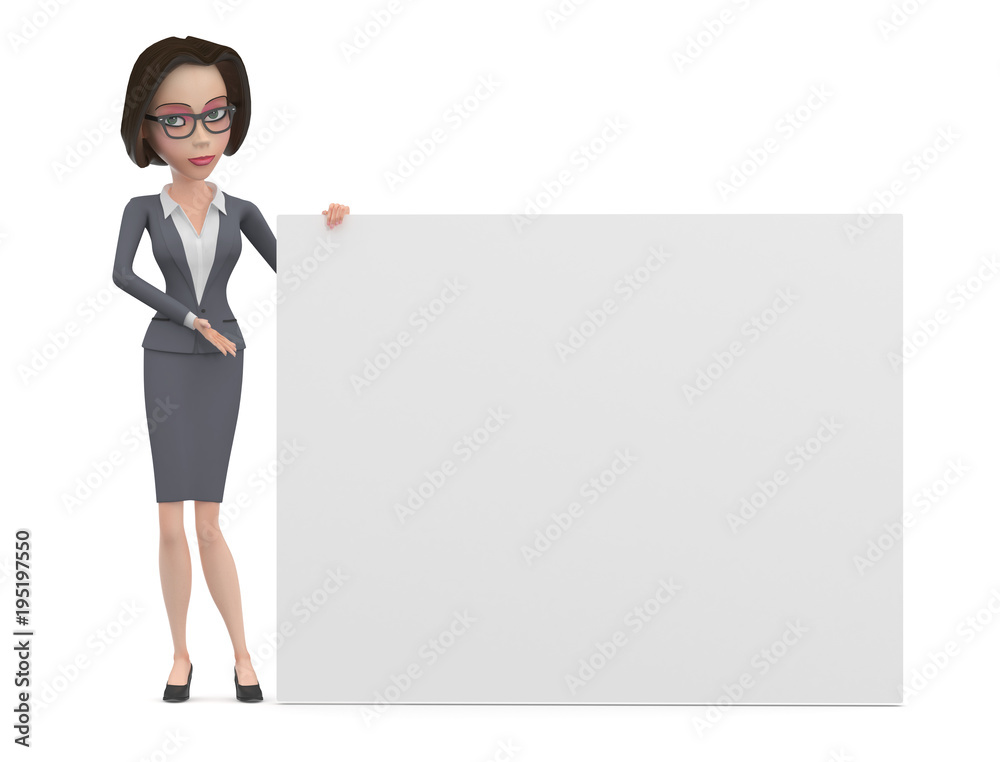 Cartoon business woman in grey dress and glasses with big white blank 3d illustration Cartoon business woman in grey dress and glasses with big white blank 3d illustration