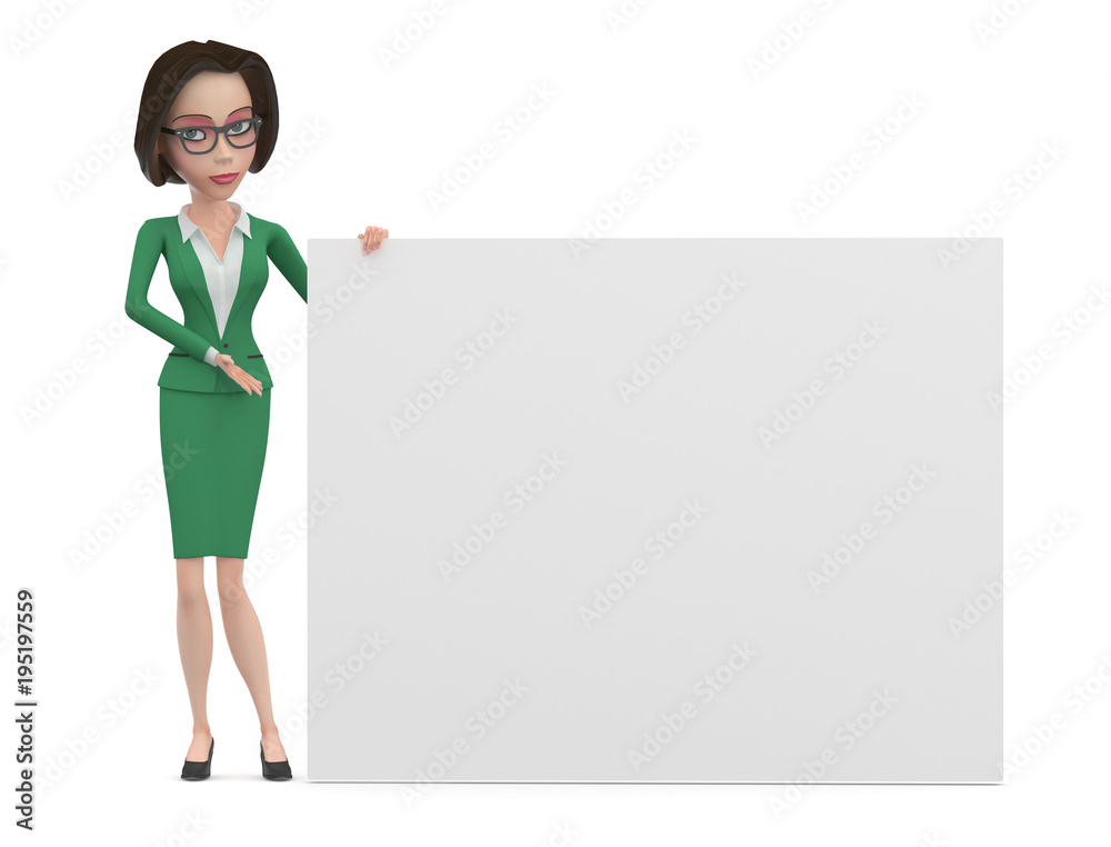 Cartoon business woman in green dress and glasses with big white sign 3d illustration Cartoon business woman in green dress and glasses with big white sign 3d illustration