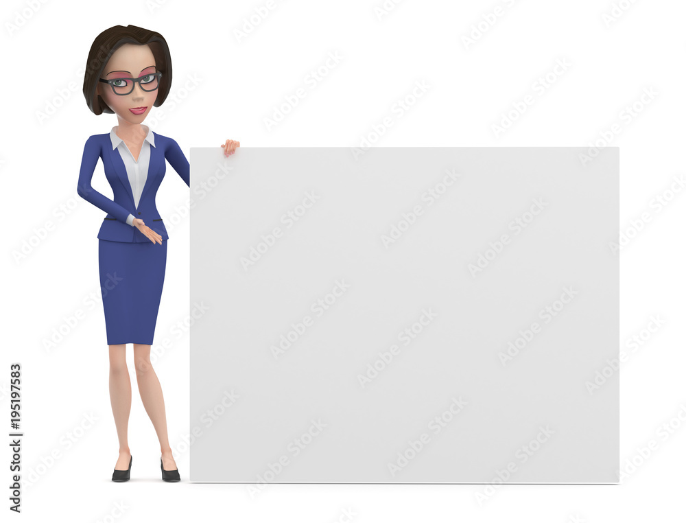 Cartoon business woman in dark blue dress with big white banner 3d illustration Cartoon business woman in dark blue dress with big white banner 3d illustration