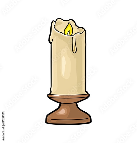 Burning candle with holder and fire flame. Vintage vector engraving