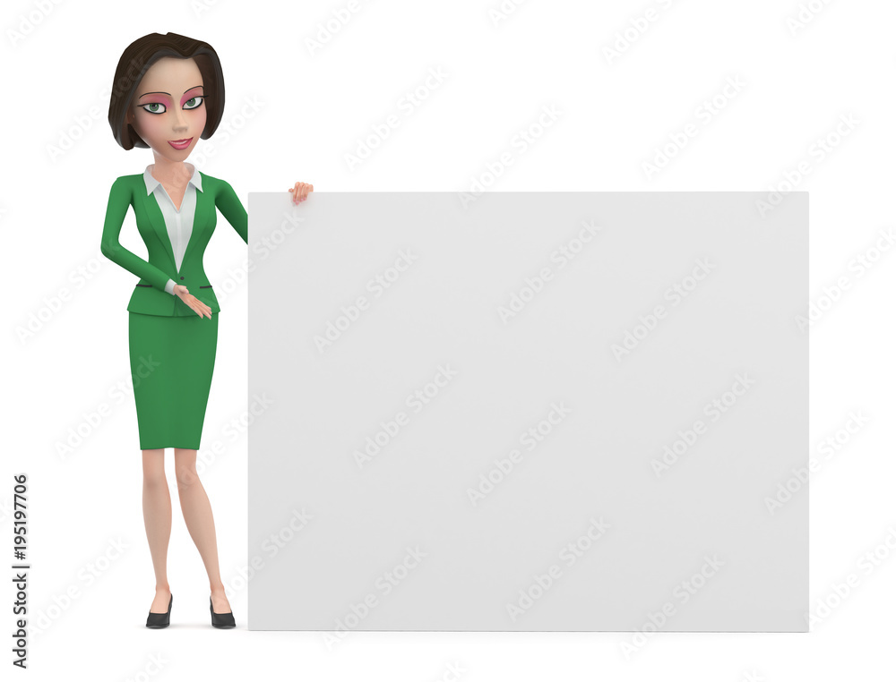 Cartoon business woman in green dress with big white sign 3d illustration Cartoon business woman in green dress with big white sign 3d illustration