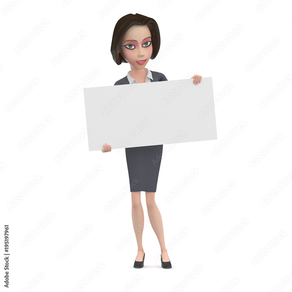 Business woman in gray dress with empty white square board in her hands 3D Illustration Business woman in gray dress with empty white square board in her hands 3D Illustration