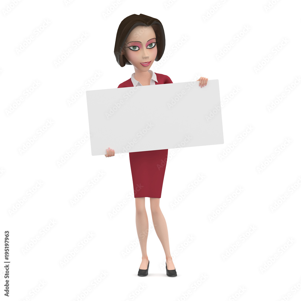 Business woman in red dress with empty white square sign in her hands 3D Illustration Business woman in red dress with empty white square sign in her hands 3D Illustration