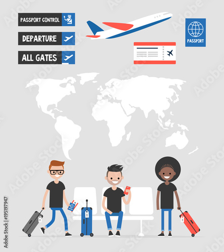 Airport set. Travel collection. Signs and symbols, world map, passengers. Departure concept. Flat editable vector illustration, clip art