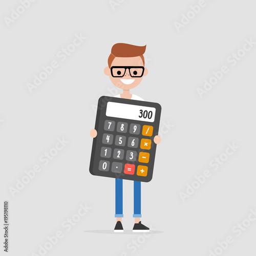 Young character holding a giant calculator. Math. Education. Business. Flat editable vector illustration, clip art