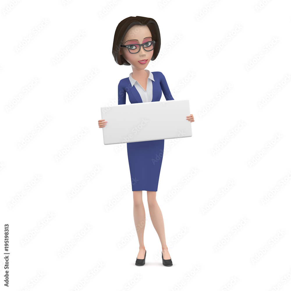 3D Illustration of Business woman in blue dress and glasses with empty white square sign in her hands 3D Illustration of Business woman in blue dress and glasses with empty white square sign in her hands