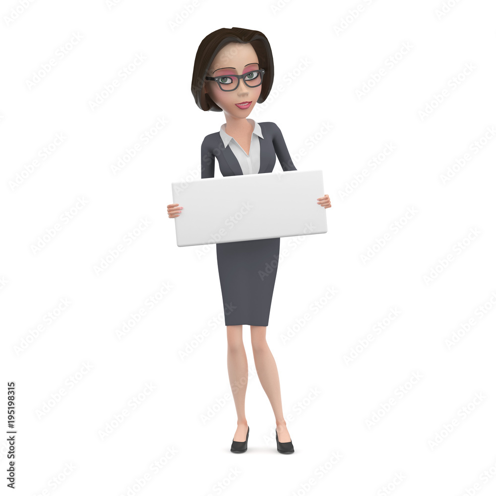 3D Illustration of Business woman in blue dress and glasses with empty white square sign in her hands 3D Illustration of Business woman in blue dress and glasses with empty white square sign in her hands
