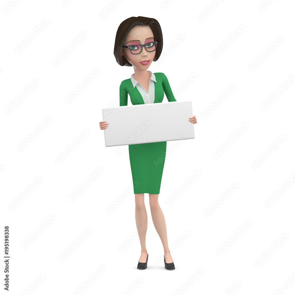 3D Illustration of Business woman in blue dress and glasses with empty white square sign in her hands 3D Illustration of Business woman in blue dress and glasses with empty white square sign in her hands