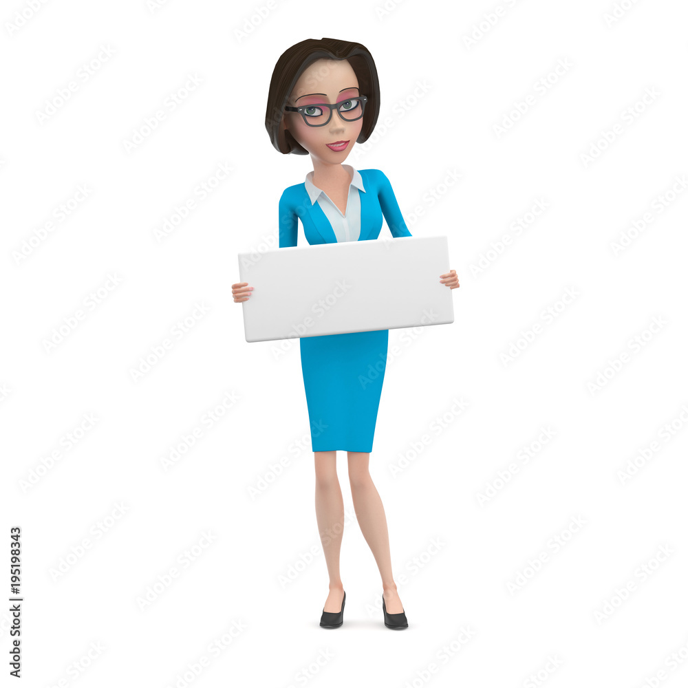 3D Illustration of Business woman in blue dress and glasses with empty white square sign in her hands 3D Illustration of Business woman in blue dress and glasses with empty white square sign in her hands