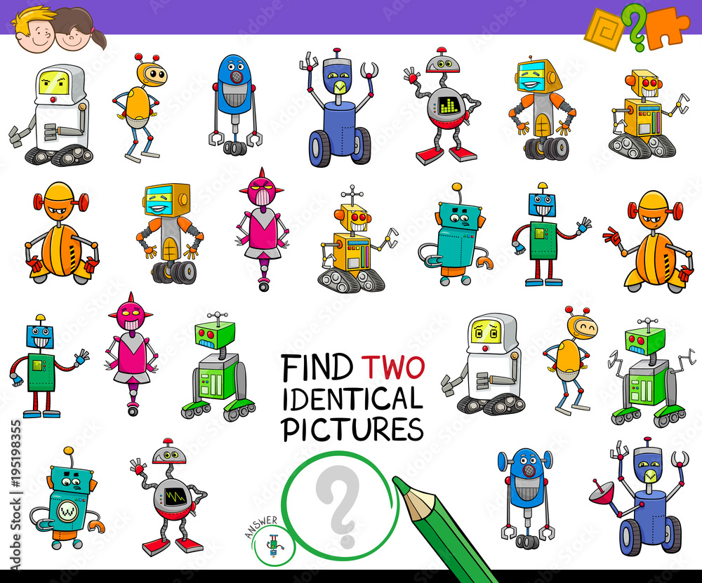 Fototapeta premium find two identical robots game for kids
