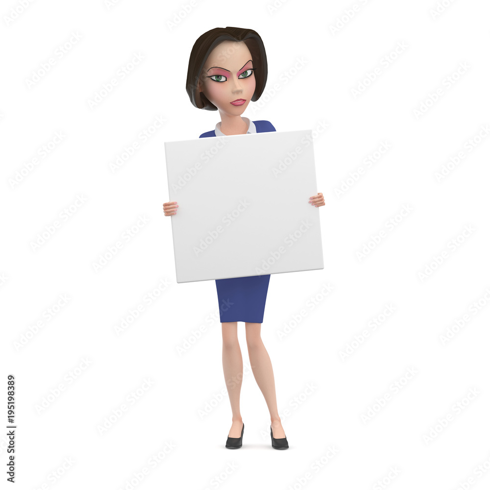 Angry Business woman in blue dress with empty white square sign in her hands 3D Illustration Angry Business woman in blue dress with empty white square sign in her hands 3D Illustration