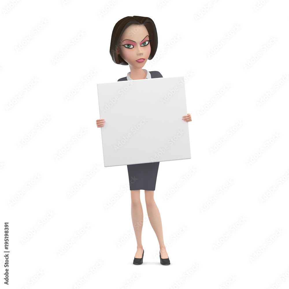 Angry Business woman in gray dress with empty white square sign in her hands 3D Illustration Angry Business woman in gray dress with empty white square sign in her hands 3D Illustration
