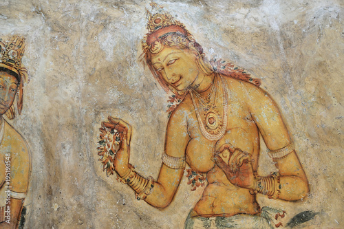 Sigiriya Frescoes, paintings of semi-nude women of king Kasyapa's harem at  Sigiriya (Lion Rock)
