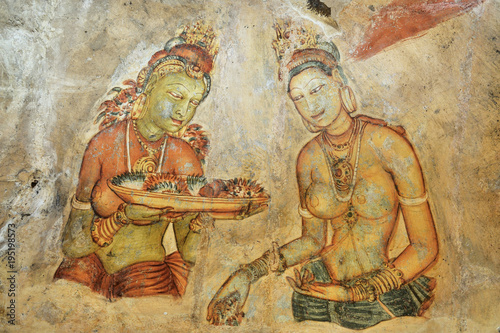 Sigiriya Frescoes, paintings of semi-nude women of king Kasyapa's harem at Sigiriya (Lion Rock)