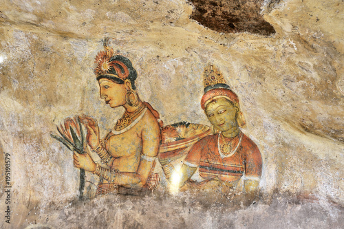 Sigiriya Frescoes, paintings of semi-nude women of king Kasyapa's harem at  Sigiriya (Lion Rock) photo