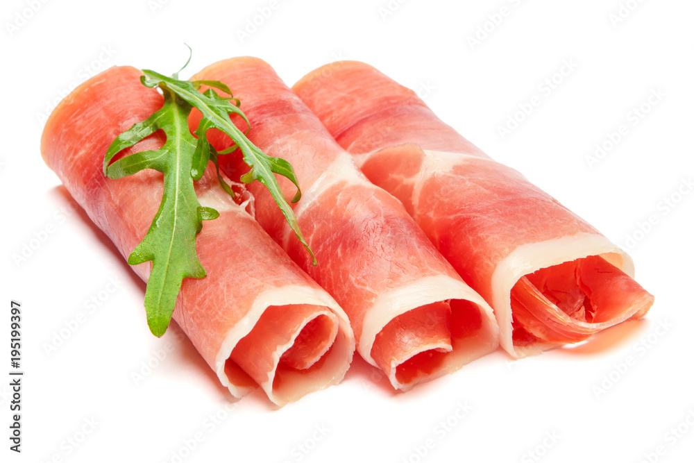 Italian prosciutto crudo or spanish jamon. Raw ham on white background.