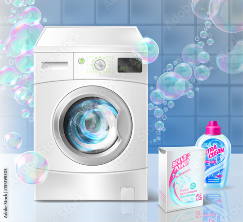 Vector realistic promotion banner of liquid detergent for laundry, with  washing machine and soap bubbles on blue background. Mockup with plastic  bottle and box for brand advertising, promo poster Stock-vektor | Adobe