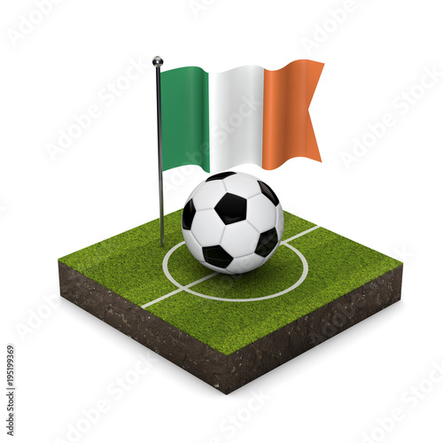 Ireland flag football concept. Flag  ball and soccer pitch isometric icon. 3D Rendering
