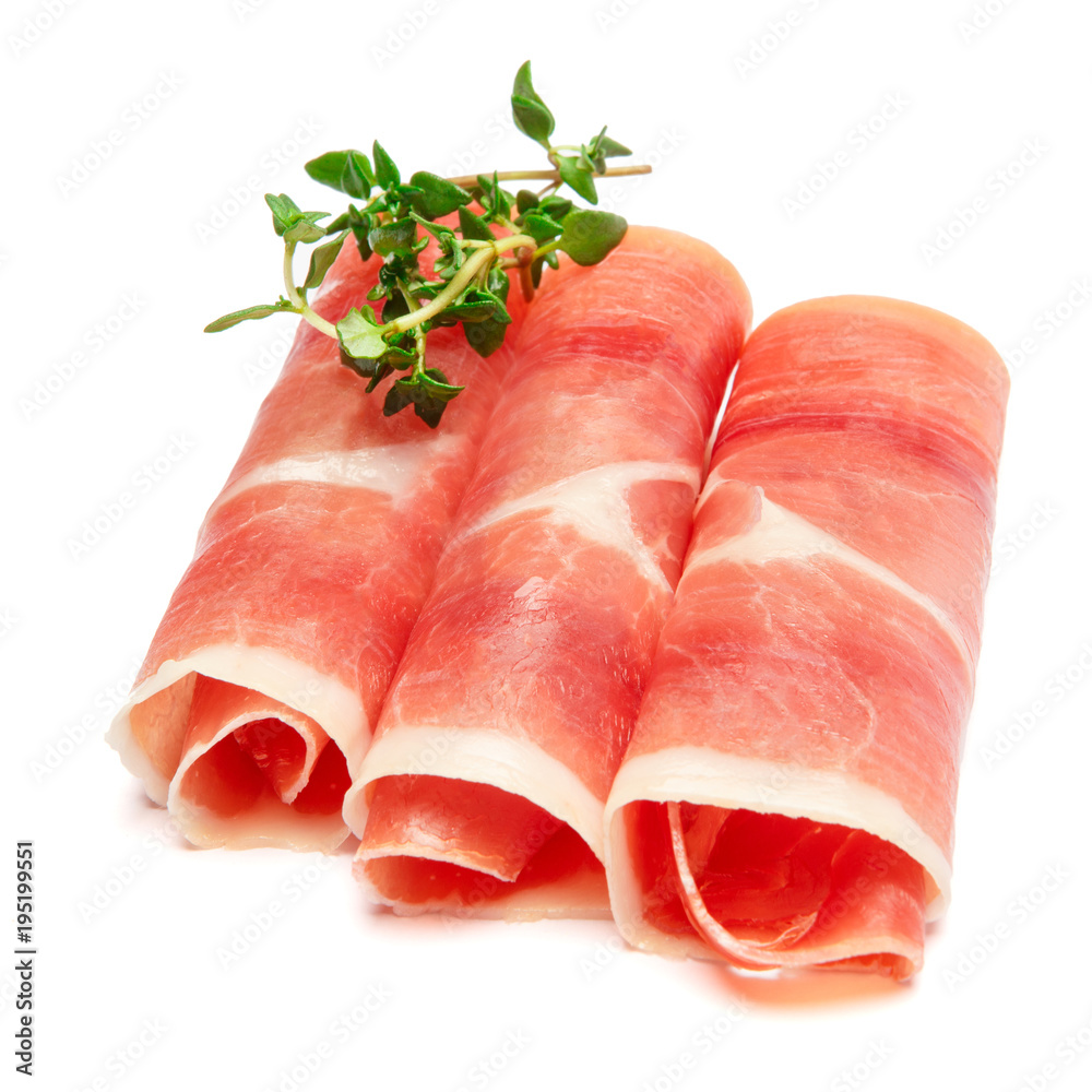 Italian prosciutto crudo or spanish jamon. Raw ham on white background. Italian prosciutto crudo or spanish jamon. Raw ham on white background.