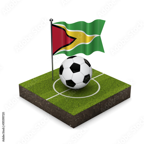 Guyana flag football concept. Flag  ball and soccer pitch isometric icon. 3D Rendering