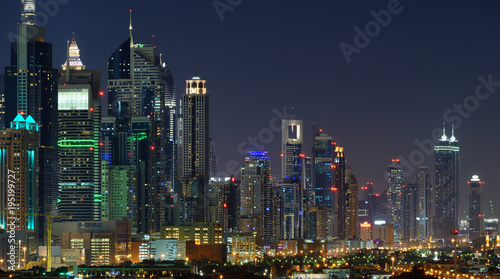 Panoramic view of Dubai skyscrapers at nignt
